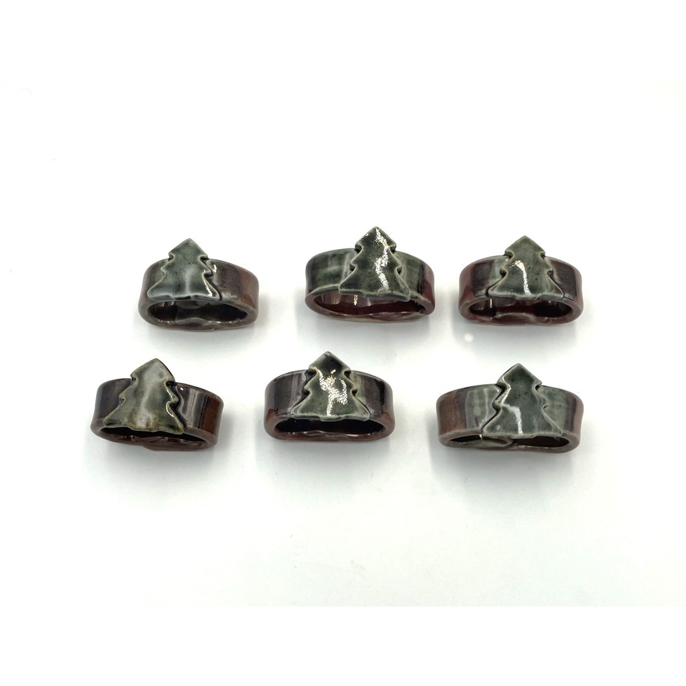 Ceramic Christmas Tree Napkin Holders Rings Set of‎ 6 Hand Made Pottery
